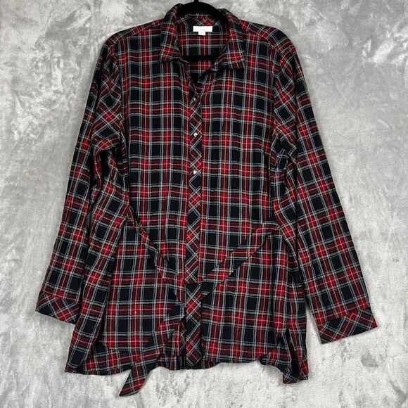 J Jill Women  Blouse Large Popover Tunic Tartan Plaid Button Belted Preppy - Picture 7 of 10